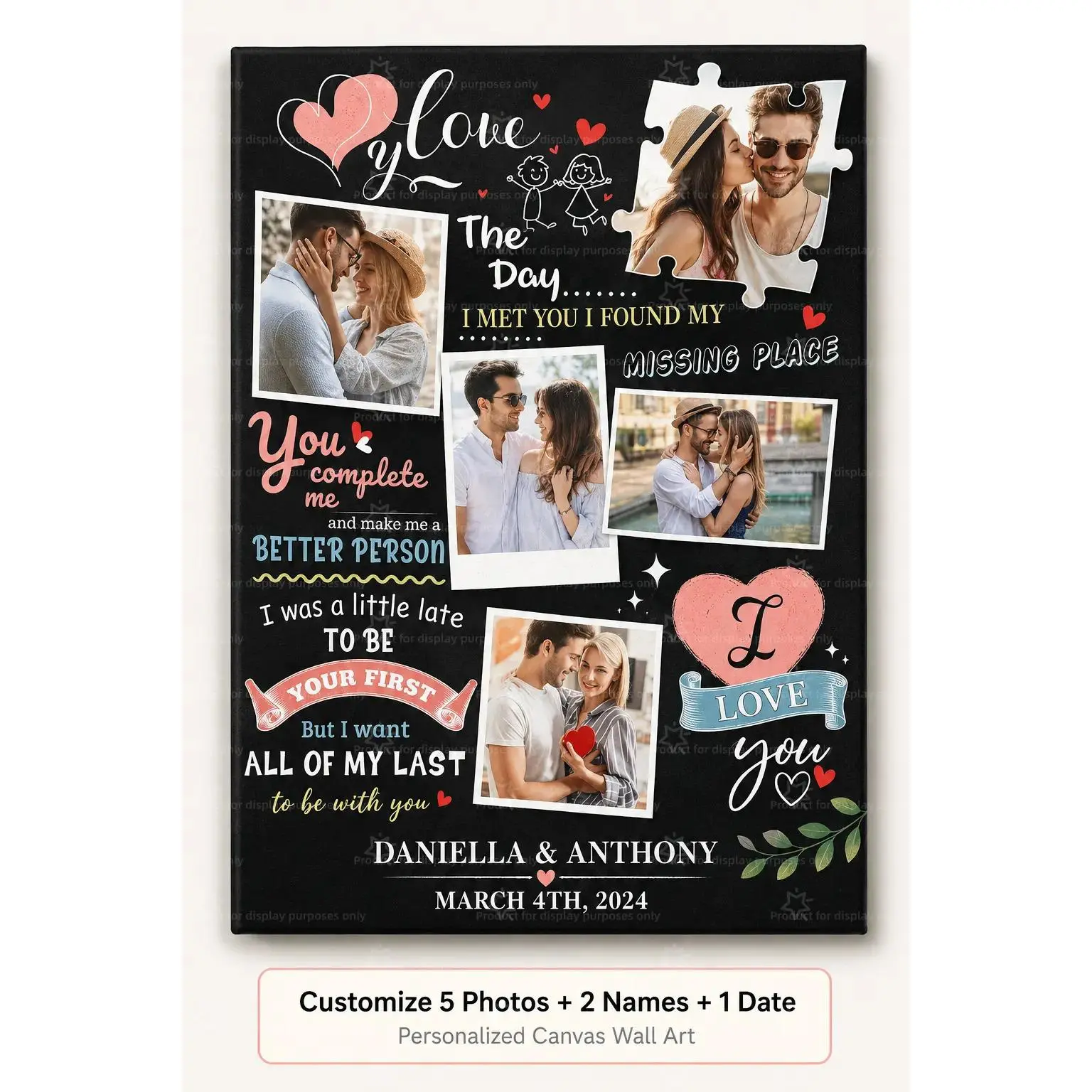 Custom Black Chalkboard 5 Photo Collage Canvas Wall Decor Poster, Romantic Heart Quote Personalized Two Names & Date Print, Wall Art for Bedroom Apartment, Decor Poster Print, Unframed Canvas Poster or Framed Canvas Wrap