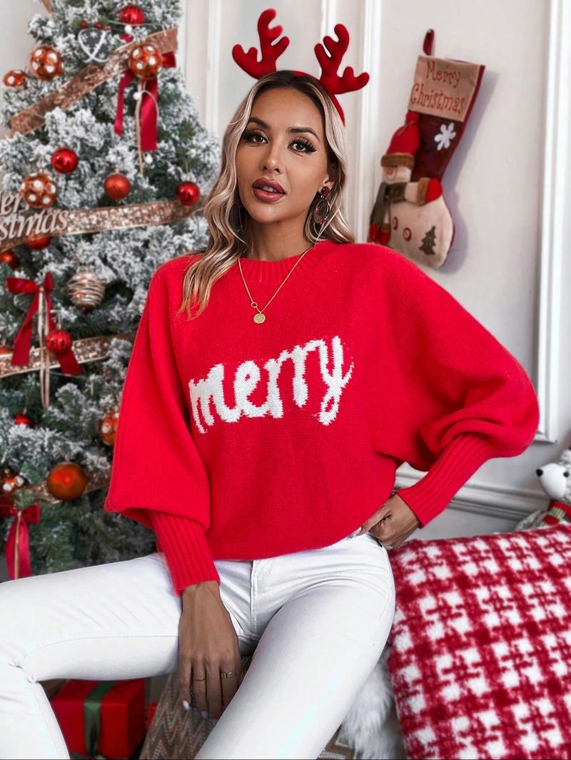 Women's "Merry" Letter Print Lantern Sleeve Sweater, Casual Cute Round Neck Jumper for Daily Outdoor Wear, Women Knitwear for Fall & Winter