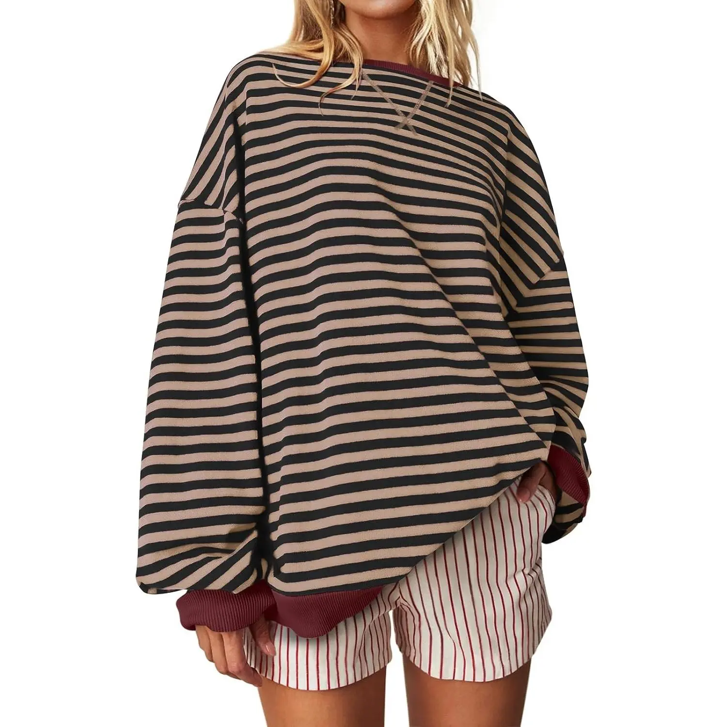 Women Oversized Striped Crewneck Sweatshirt Long Sleeve Casual Pullover | Loose Fit Y2K Tops, Soft Sweatshirt Fabric, Color Block, Lounge Fall Streetwear, Workout Shirt