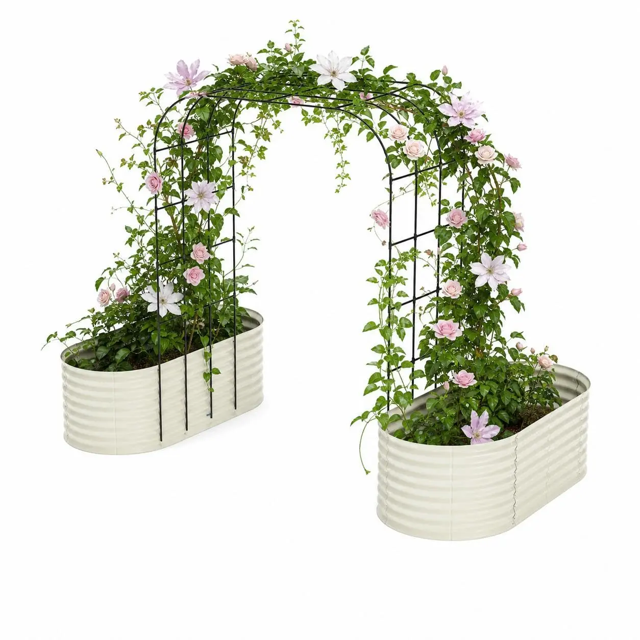 【Garvee】Galvanized Expandable Raised Garden Bed – with 96-Inch Tall Vertical Arch Trellis, Rust-Resistant Outdoor Planter Box – for Plants, Flowers, Vines – Includes Plant Clips & Drainage Netting – Beige