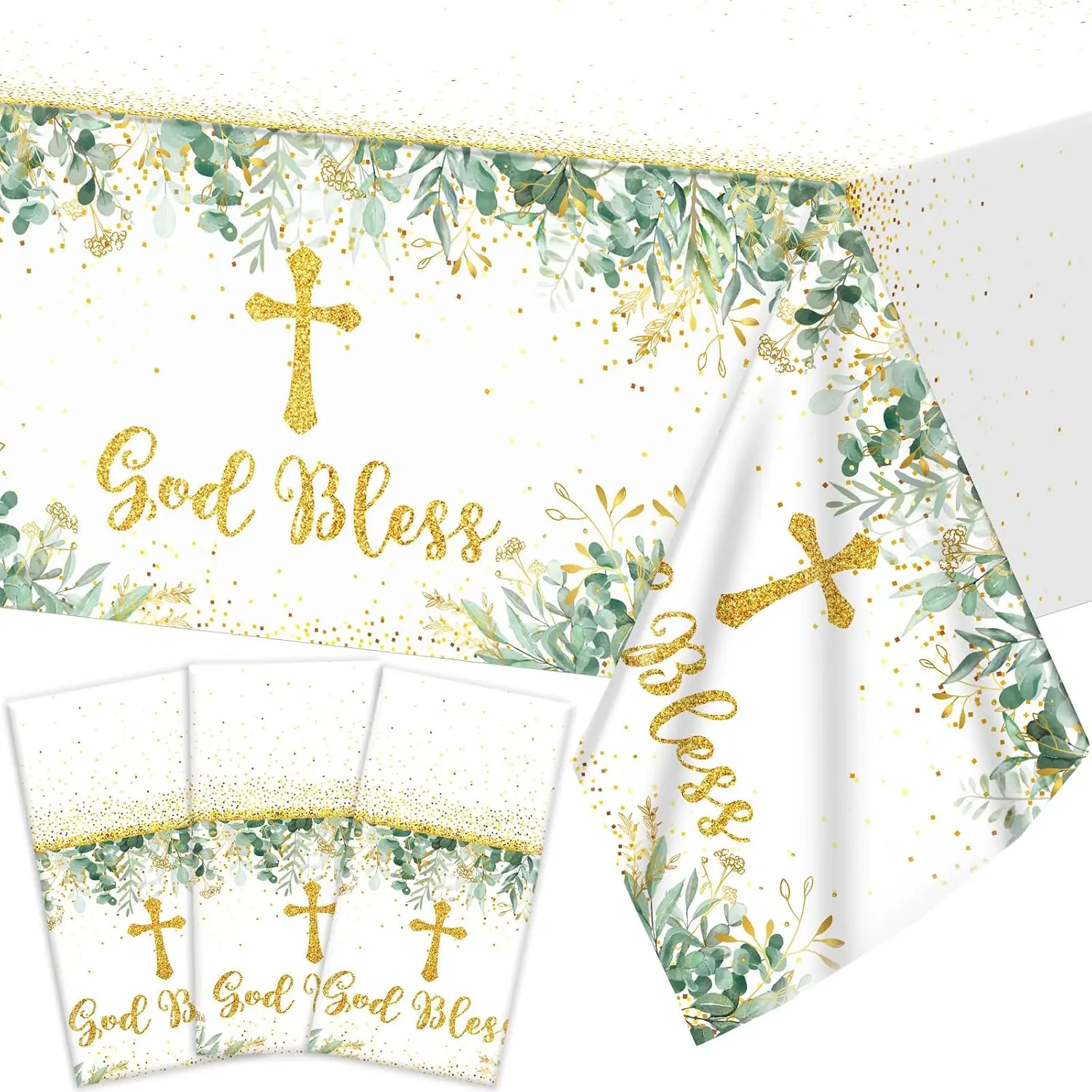 3Pcs God Bless Baptism Tablecloth First Communion Holy Tablecloth Decorations Mi Bautizo Christening Table Cover Disposable Tablecloths for Boys Girls Newborn Shower Party Supplies 54 x 108 inch