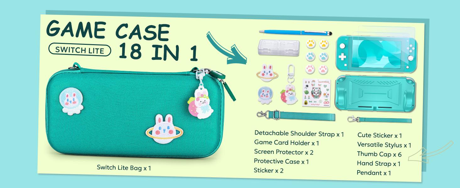 Z-PHP7 Switch Lite Case 18-in-1 Accessories Bundle with Protective Carrying Case, Game Holder, Screen Protector & Cute Thumb Grips (Turquoise)