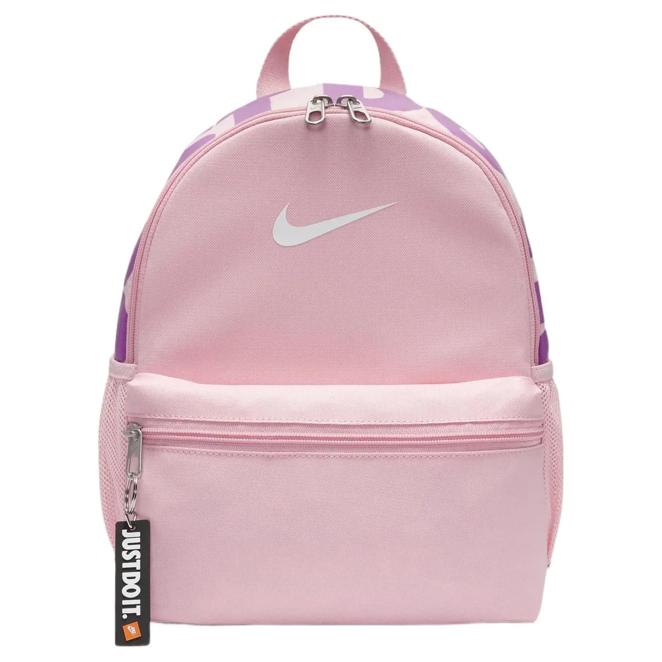 Nike Brasilia Logo Zippered Polyester Backpack for Women, Mini Style in Soft Pink
