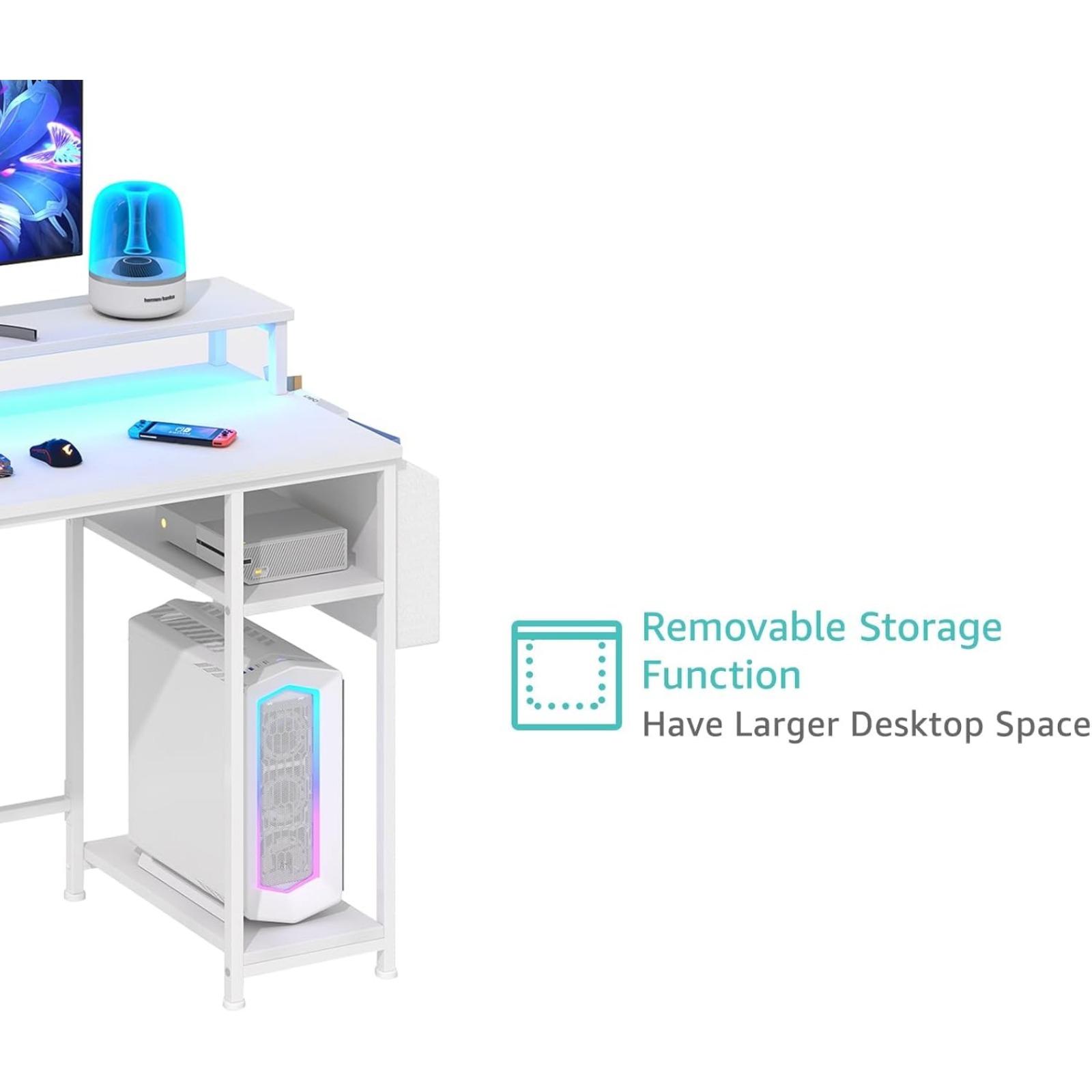 Lufeiya White Computer Desk with File Drawers Cabinet, 55 Inch Home Office Desk with Monitor Stand Shelves, Writing Study Gaming Desks with Led Lights and Power Outlets for Bedroom, White Adjustable Work Table, Get Free Gift