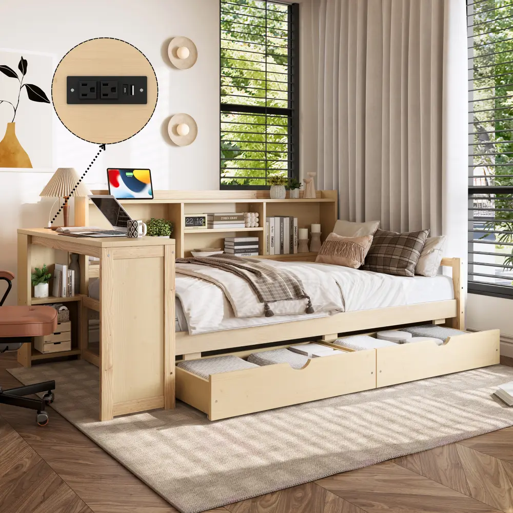 Twin Corner Daybed with Storage Drawers and Desk, Multifunctional Platform Bed with Bookcase Shelves and Charging Station, Space Saving Daybed Frame with Storage for Bedroom Guest Room, White/Natural Color