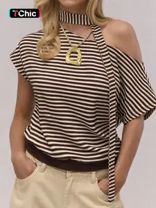 Striped Crop Top Women Cold Shoulder Halter Neck Sleeveless Tie Neck Cut Out Shoulder Slim Fit Casual Streetwear Summer Cropped Top Stretchy Knit Brown Striped Y2K Chic Casual Sexy Trendy Lightweight Daily Wear Modern Minimalist Top