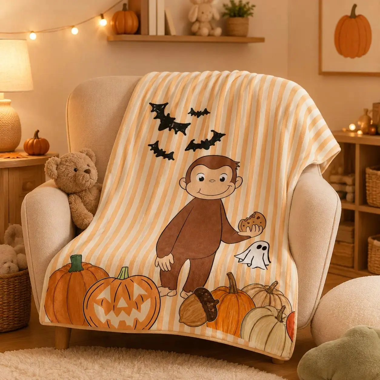 Curious George-Style Halloween Flannel Throw Blanket, Soft Fuzzy Plush Bedding Accessory with Pumpkin, Bat, Ghost, Striped Designs, All-Season Cozy Warm Cartoon Gift for Toddlers, Ideal for Couch, Nursery