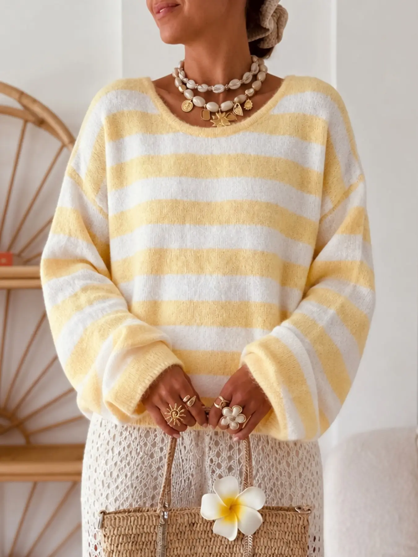 Women's Backless Striped Knit Sweater, Long Sleeve Knot Detail Pullover, Fashion Casual Loose Jumper for Fall & Winter, Knitwear Tops for Women