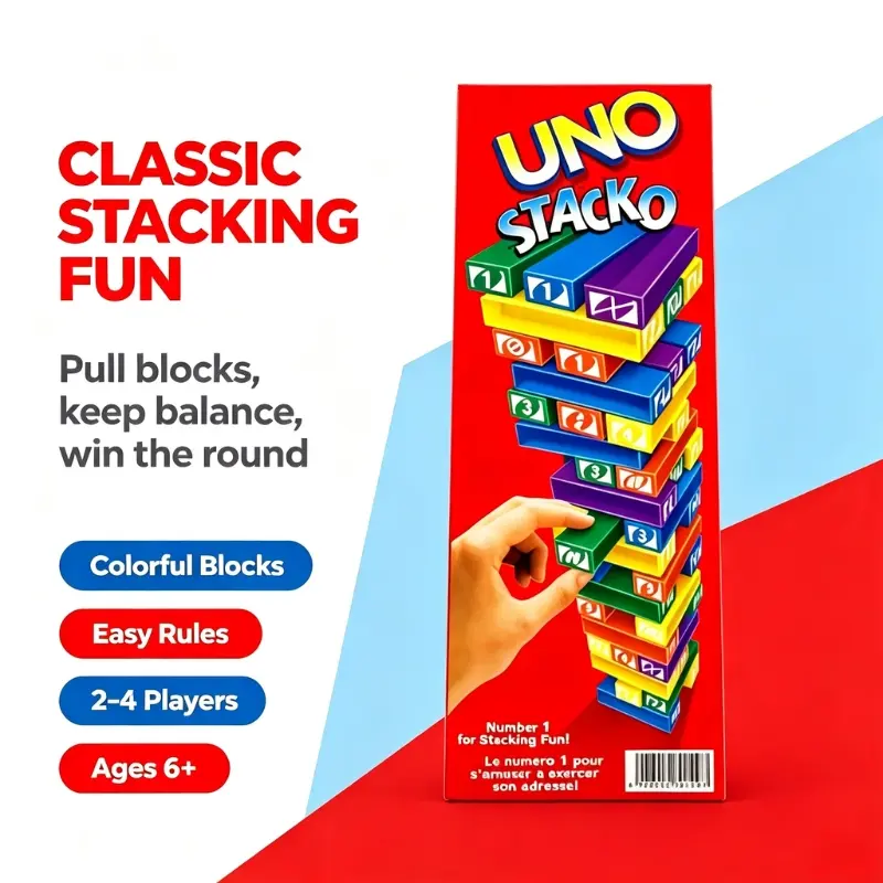 Holiday Birthday Gift UNO Stacko Multicolor Stacking Tower Game Color Number Pull Blocks Family Interactive Balance Board Toy for Kids Adults