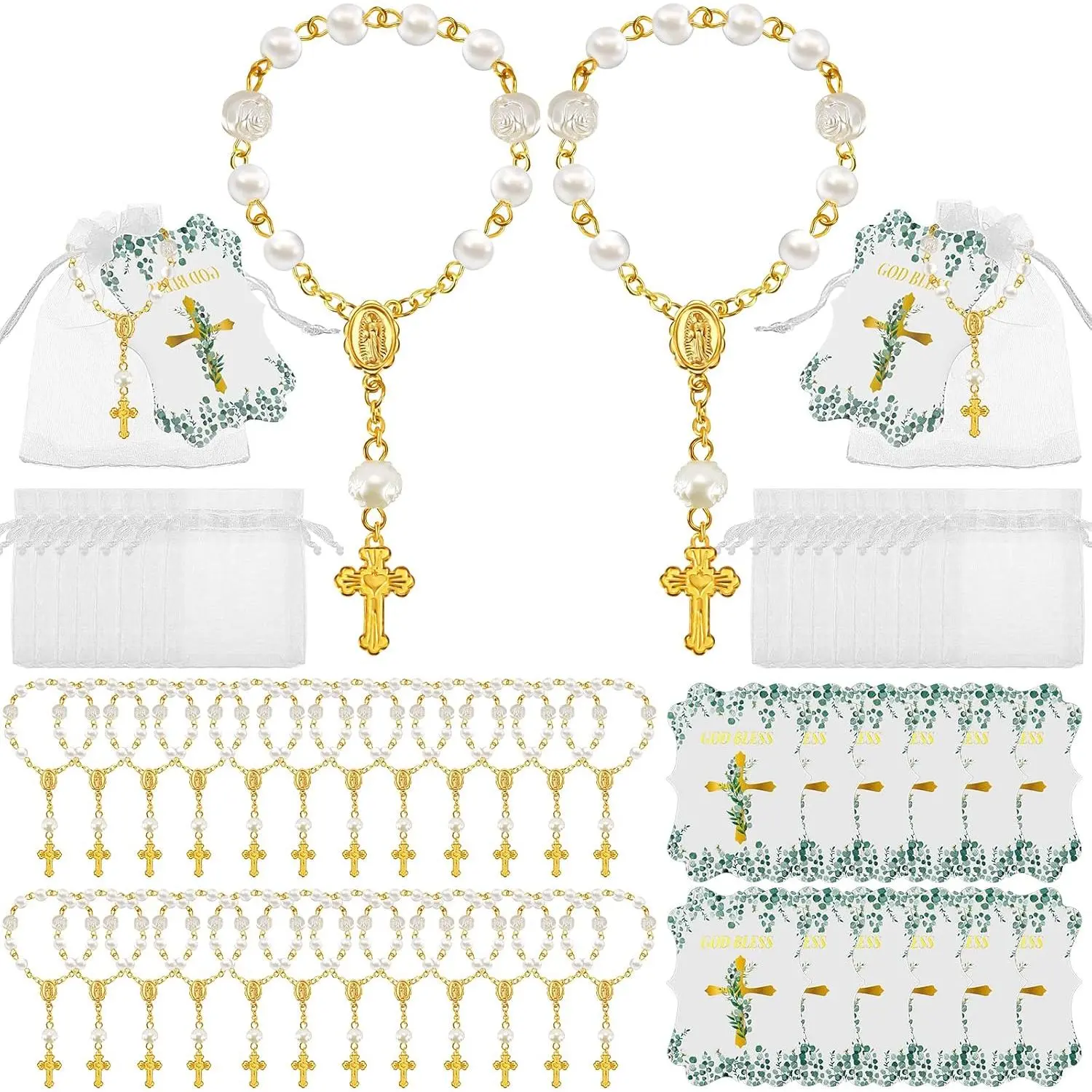 96 count Christian Catholic Favor Set Include 32 Finger Christian Rosaries Beads with Crucifix, 32 Organza Bags and 32 God Bless Tags Christening Wedding Party Favors(White )