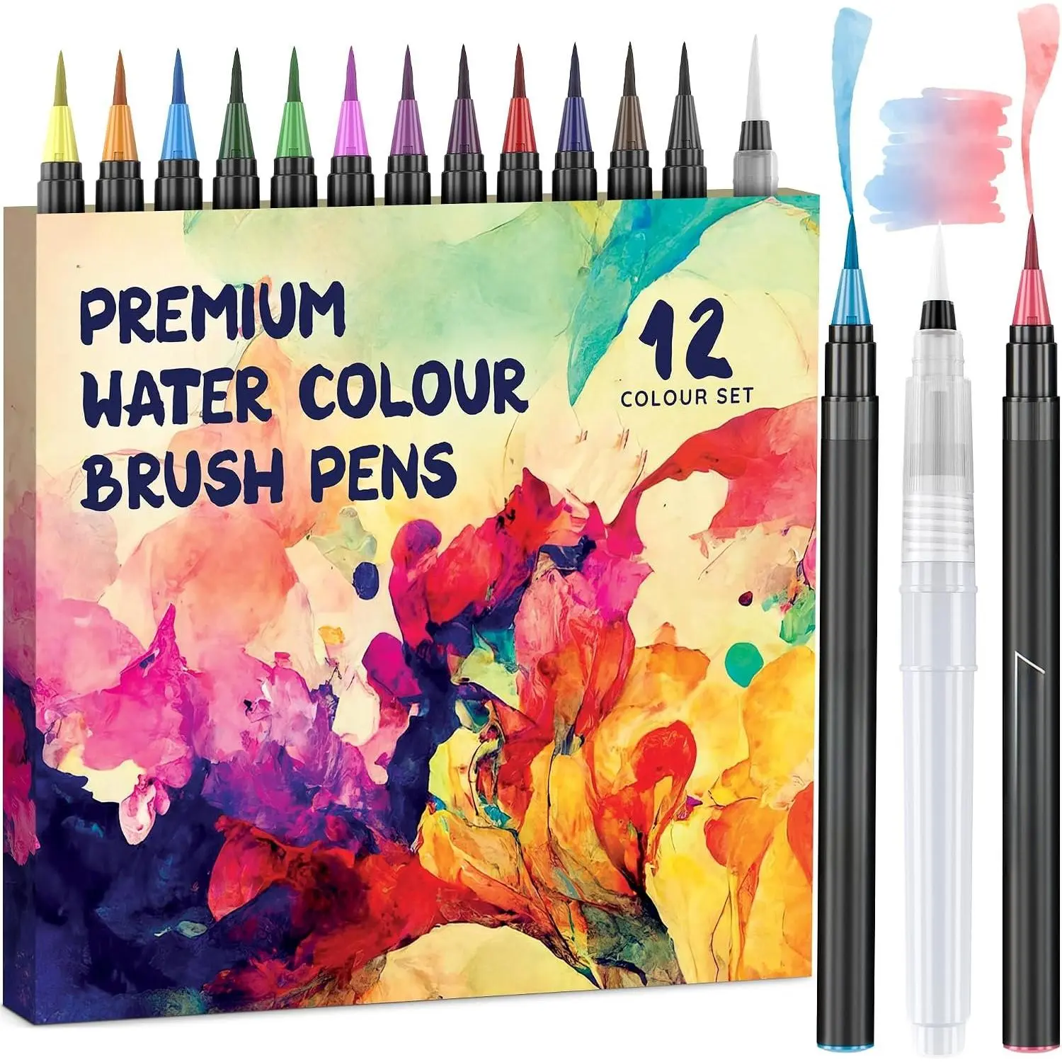 Watercolor Brush Pens Set - 12 Soft-Tip Pigment Ink Refillable Markers with Blending Tool Brush - Office Stationery Calligraphy Writing Art Supplies for Coloring, Journaling, Refillable Pen