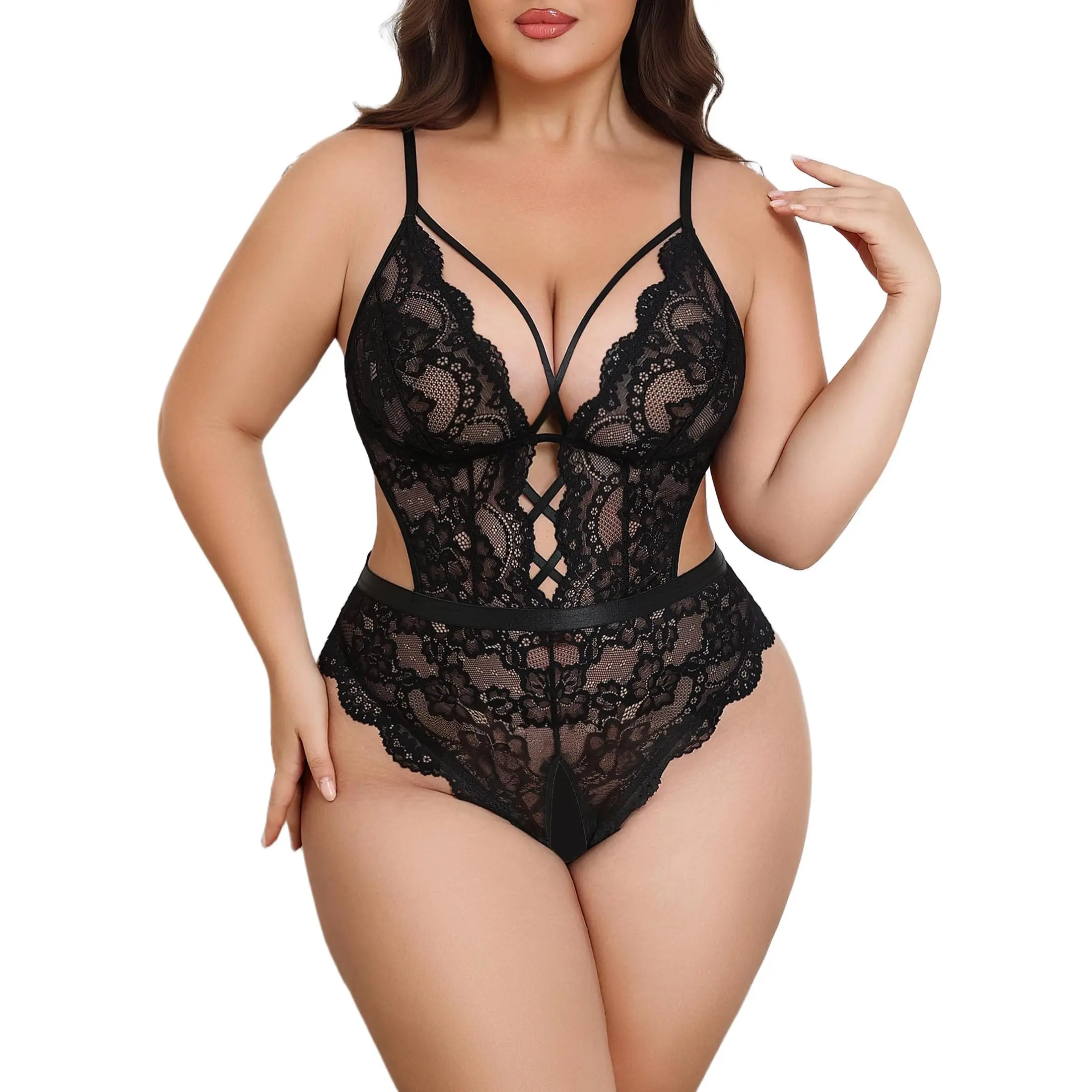 Avidlove Plus Size Lingerie for Women Sexy Deep V Lace Teddy Cut Out Lingerie Bodysuit 14-24 Plus