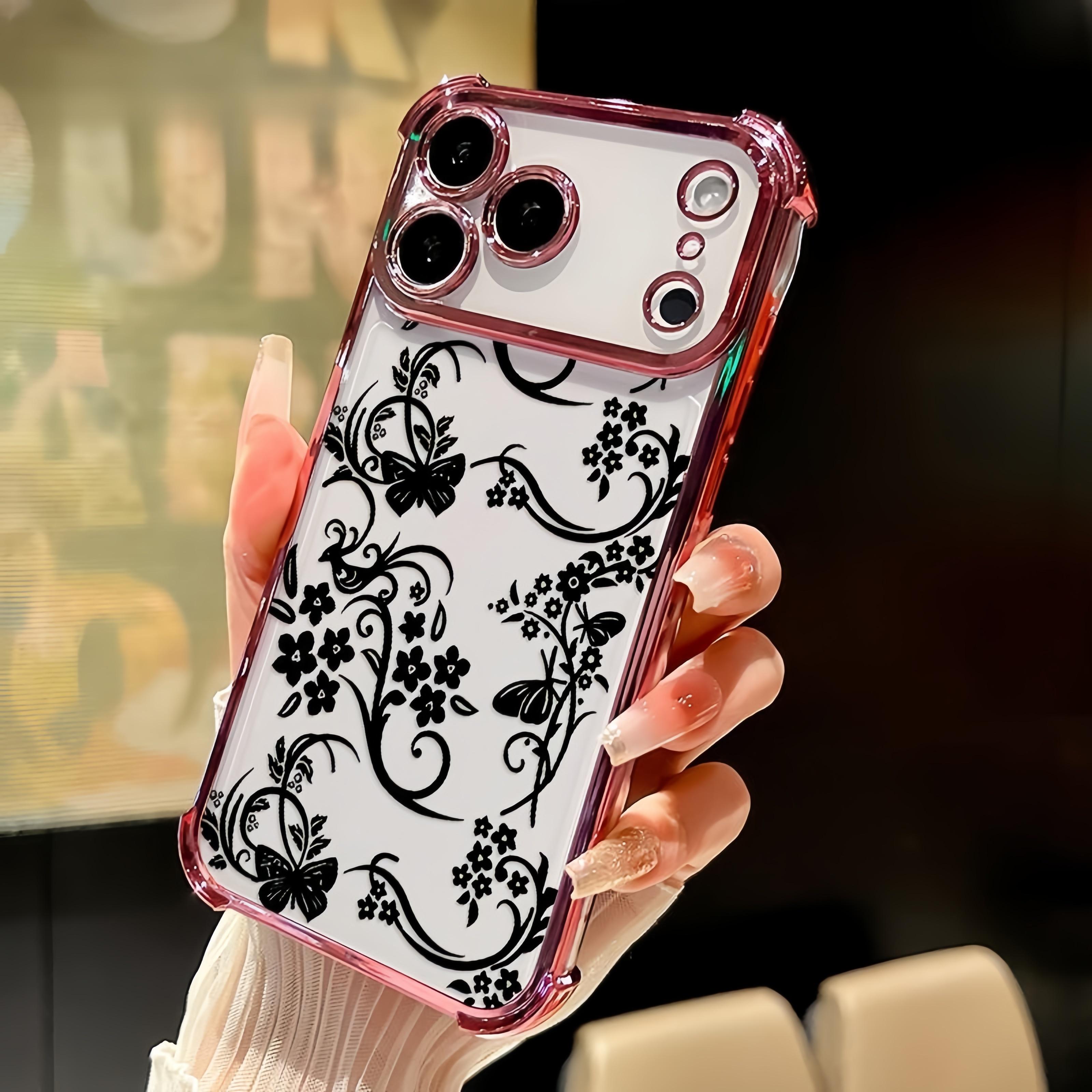 Elegant Floral Vines Pattern Four Corner Anti-Fall Phone Case Transparent Electroplated Protective Cover for iPhone 17 Pro Max Air 16 15 Plus 14 13 12 11 E Slim Lightweight TPU Case with Full Lens Protection
