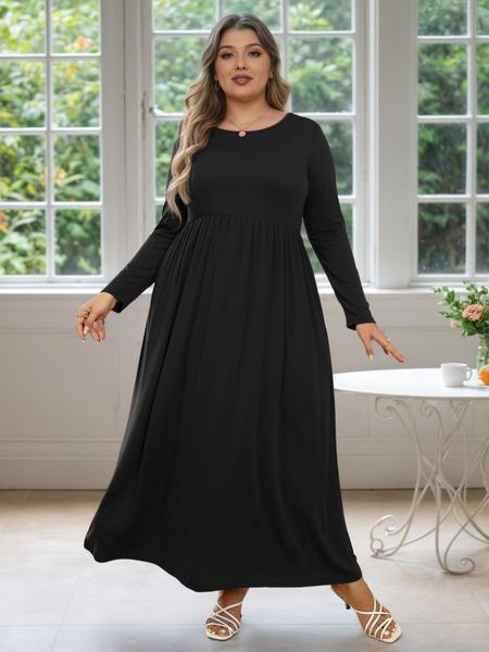 Women's Round Neck Stretchy Casual Long Plus Size Dress, Perfect for Bridesmaids, Vintage Style Wedding & Party Wear, Comfortable Fabric