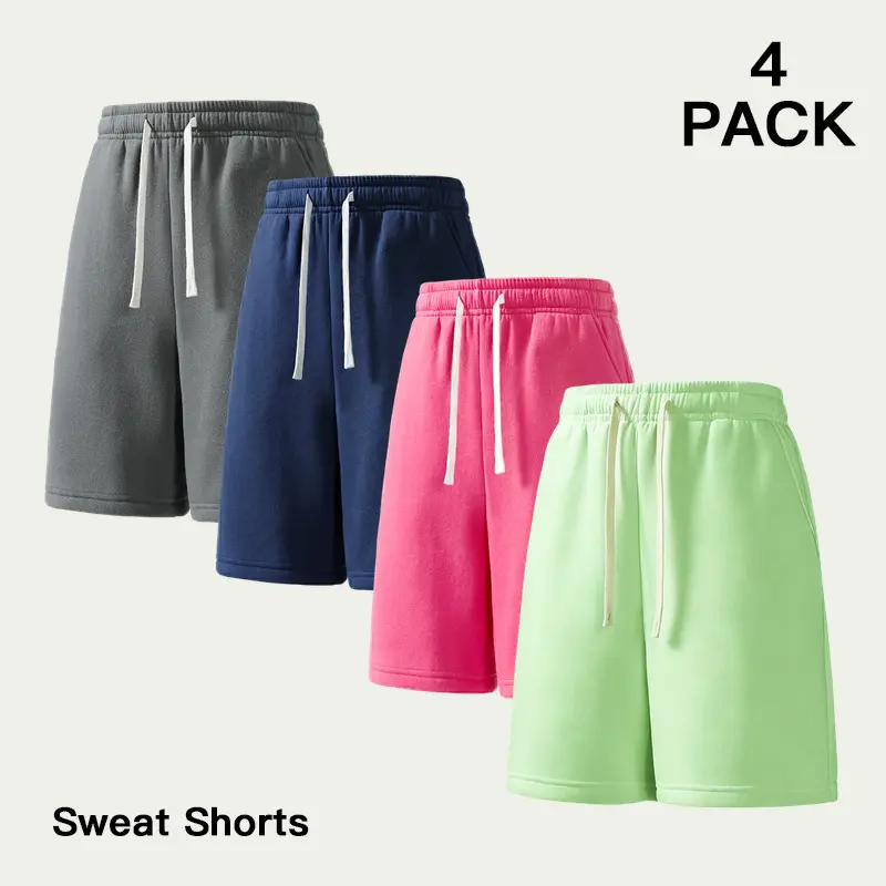 Men's 4 Pack Fleece Sweat Shorts, Multiple Color Bundle Options, Comfortable Drawstring Elastic Waist Lounge Shorts with Pockets for Gym, Weekend Travel, Training and Daily Wear