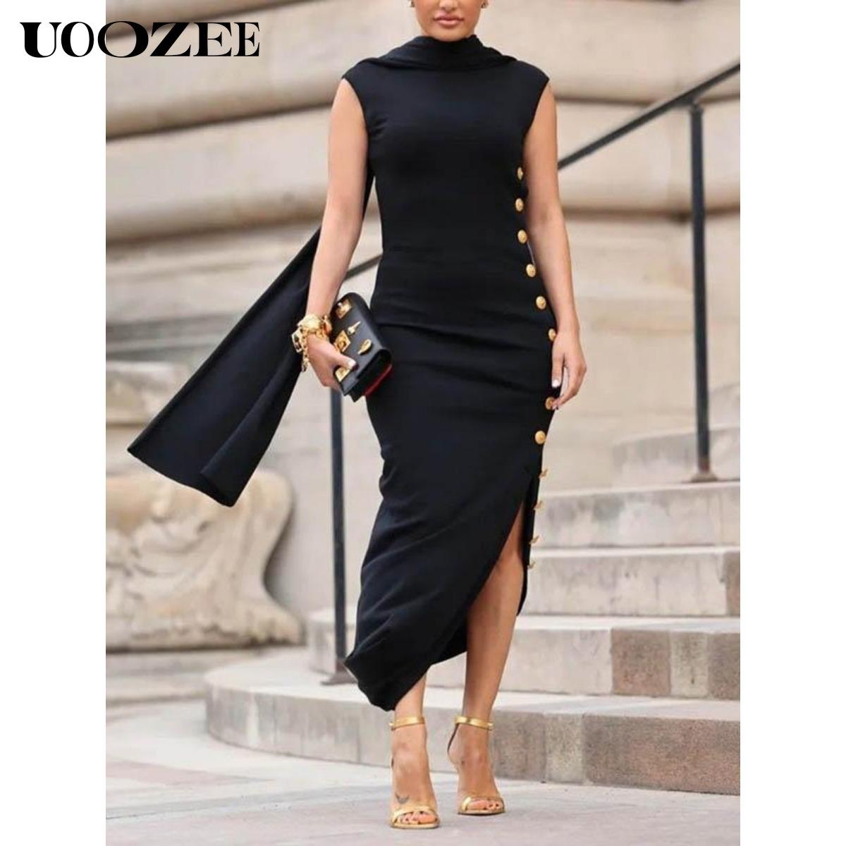 UOOZEE Women's Casual Maxi Dress - Loose, Sleeveless, Solid Black, Split-Side, Shawl Collar, High Neck, Cotton, Button-Accented, Summer Womenswear