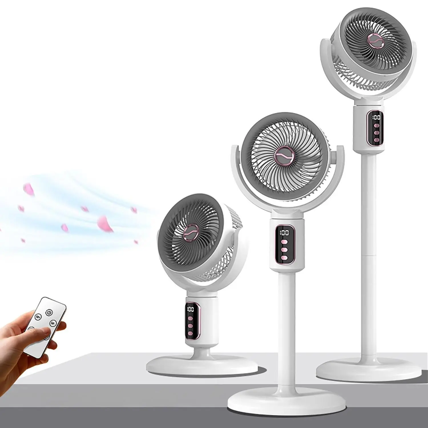 Bedroom Standing Fan, Air Circulator, 90°+180° Swing, 5 Speeds, 3-In-1 Base and Desk, Adjustable Sizes, Remote Control, Pedestal Fans