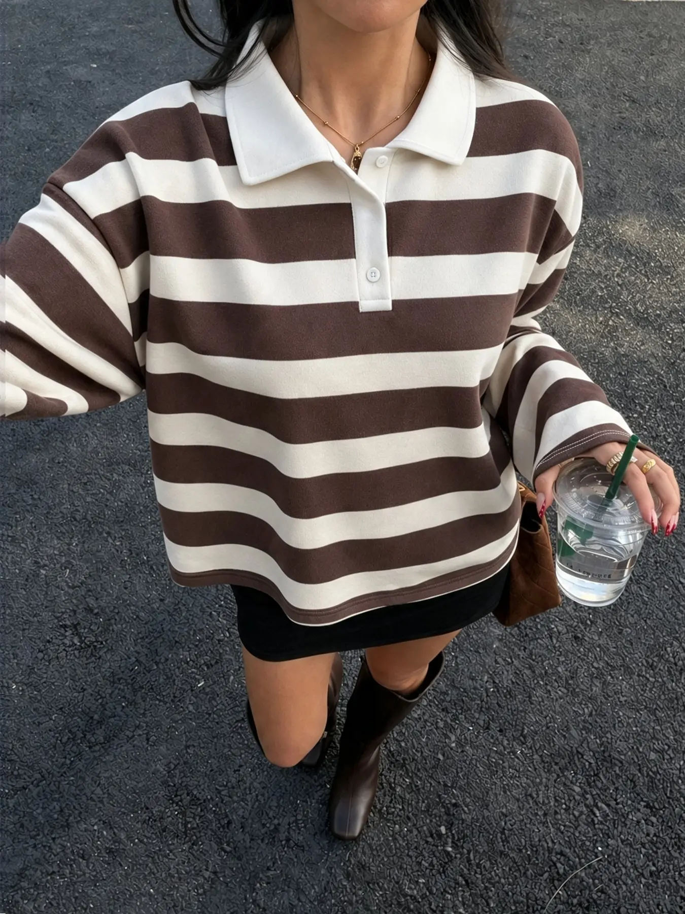Women's Striped Polo Shirt, Long Sleeve Collared Design, Loose Fit, Casual College Street Style, Daily Wear, Back-To-School Fashion