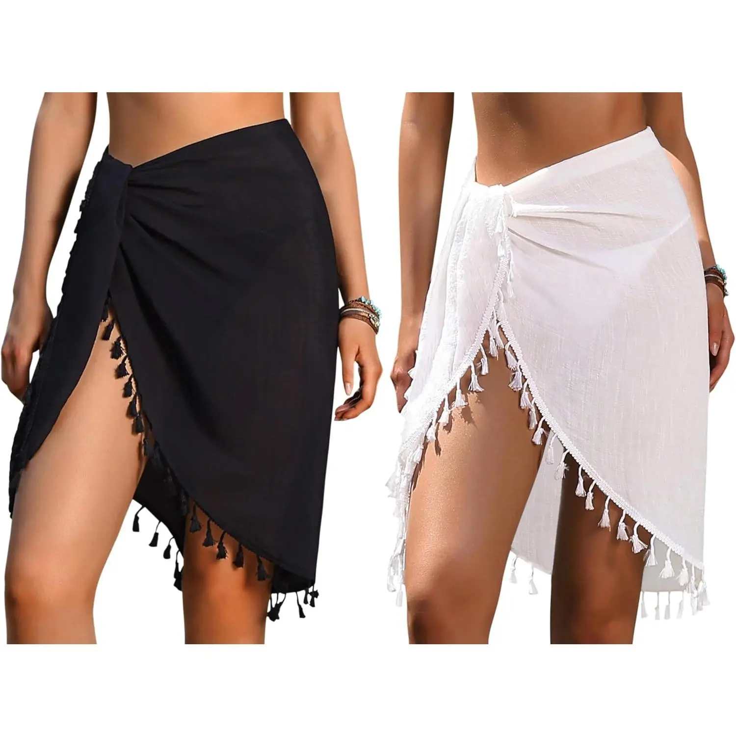 Women's Tassel Trim Sleeveless Wrap Fit Beach Sarong Cover-Up - Lightweight Above-Knee Short Skirt for Swimsuit, Mix and Match Poolside Wear