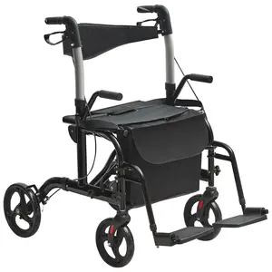 VEVOR 2 in 1 Rollator Walker & Transport Chair for Seniors, Folding Rolling Walker Wheelchair Combo & Footrests, Lightweight Aluminum Mobility Walker with Adjustable Handle, All Terrain Wheels, 300LBS