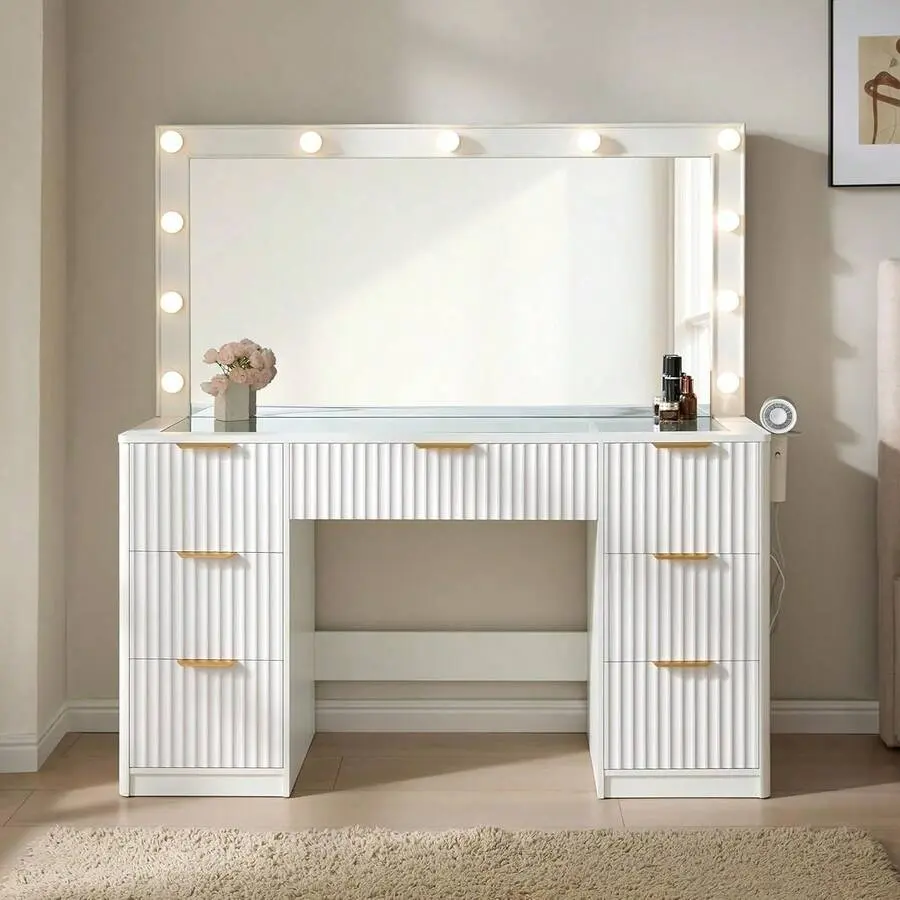 47 Inch Modern Fluted Makeup Vanity Desk With Large Mirror And LED Lights, Elegant Vanity Table With 7 Drawers, Tempered Glass Top, And-In Charging Station Bedroom, Dorm, Women & Girls