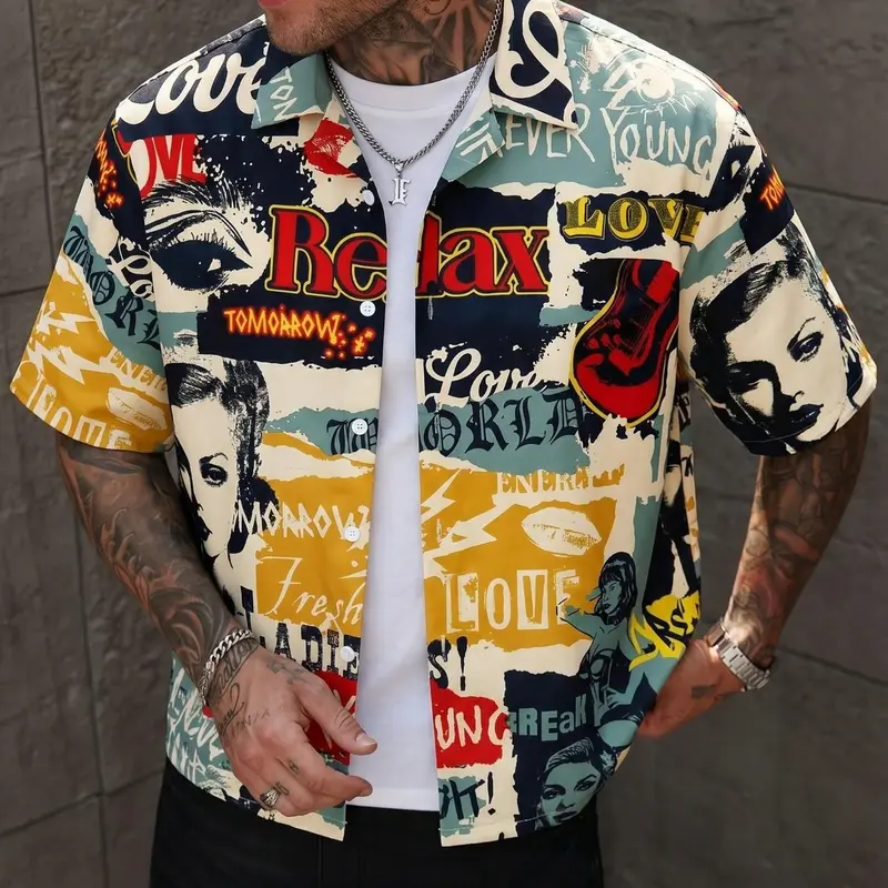 Vintage Graffiti Print Short Sleeve Shirt for Men, Y2K Streetwear Button Down, Retro "Relax Forever Young" Graphic Casual Top, Hip Hop Style Summer Hawaiian Shirt