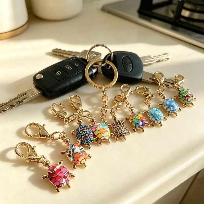 10-Pcs Ocean Animal Turtle Keychain Set - Cute Charm Handbag Accessory, Multi-Style Assorted-Color Pendant with Open Loop Snap Hook, Decor for Backpack Wallet Casual Shoes, Gift for Women Teens