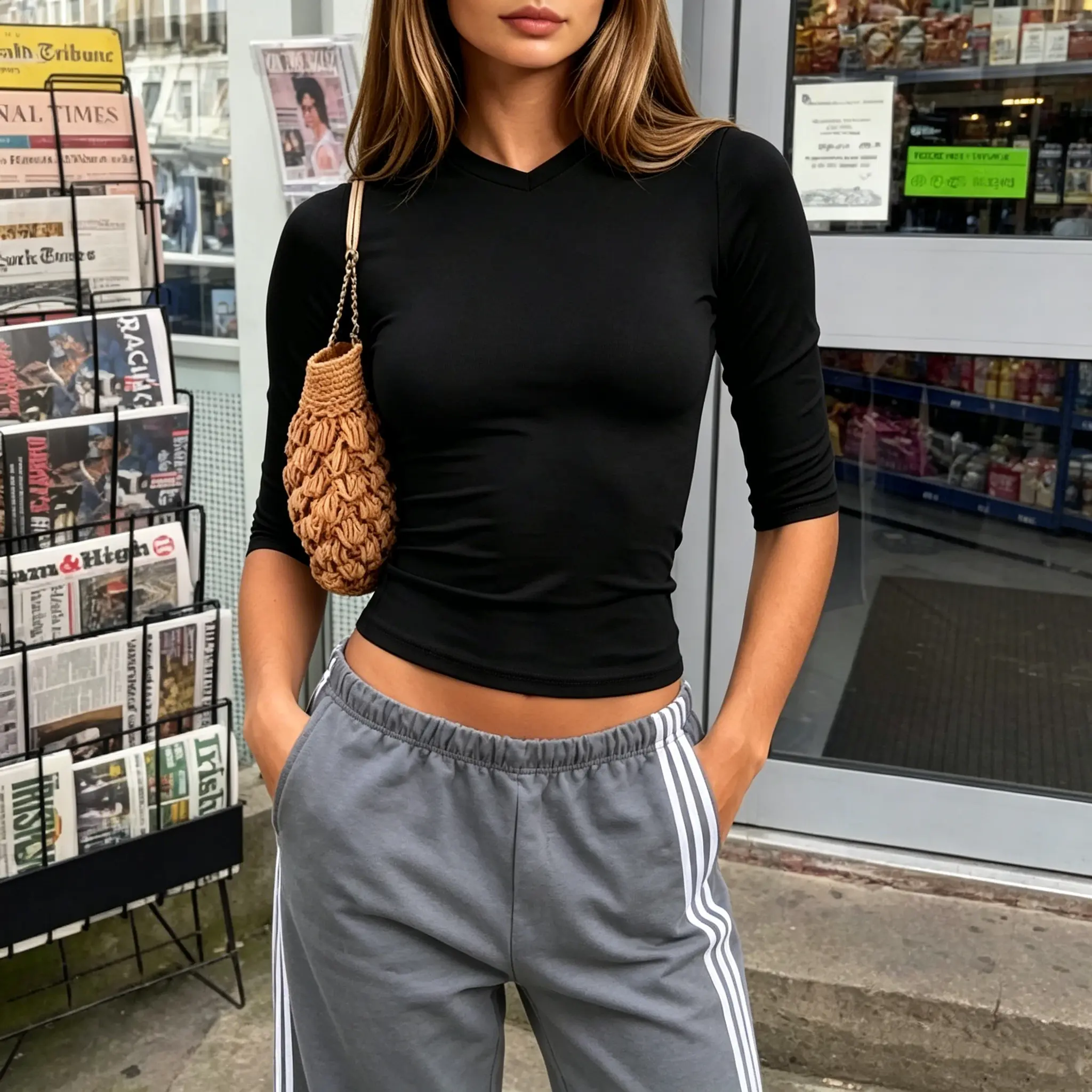 Women BasicFit Cropped T-Shirt, V Neck 3/4 Elbow Length Sleeve Ribbed Knit Crop Top, Y2K Casual Daily Short Blouse Tops