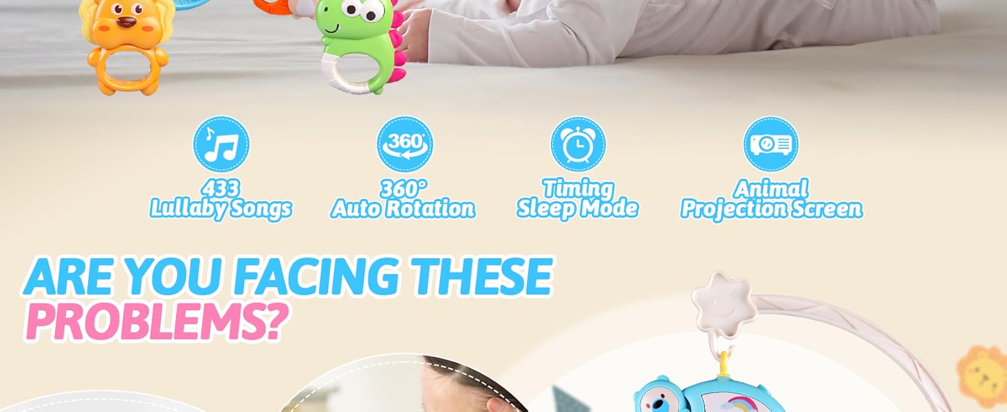 Crib Mobile with Music and Lights, Baby Mobiles for Cribs, Nursery Musical Mobile for Bassinets Toys Hanging Girls Boys, Pack and Play Space Portable Animal Mobile Hanger Arm Clip On Attachment