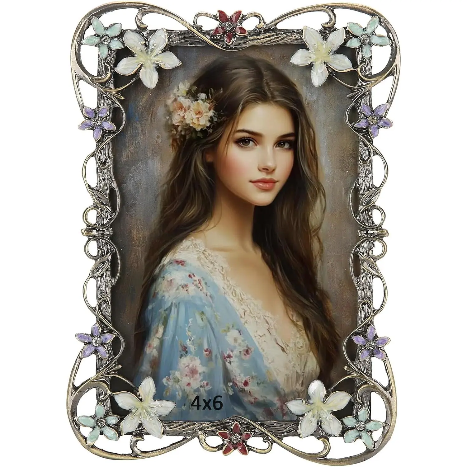 4x6  Flower Picture Frame Antique Metal Enamel Colorful Floral Photo Frame Retro Art Decor,  Glass Front Wall or Tabletop Display,  Anniversary Wedding Gifts for Women