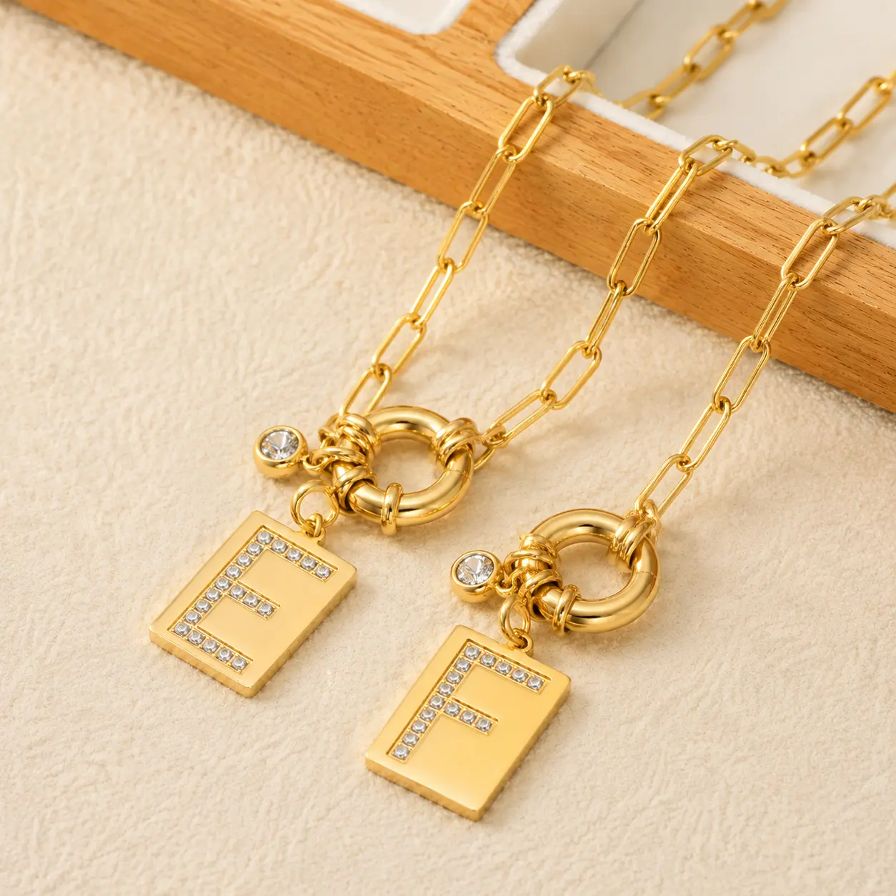 14K Gold Plated Initial Pendant Necklace, Square Shiny Cubic Zirconia A-Z Letter Pendant Personalized Paperclip Chain Trendy Square Capital Name Necklace Party Wear, Jewelry, Holiday Gift