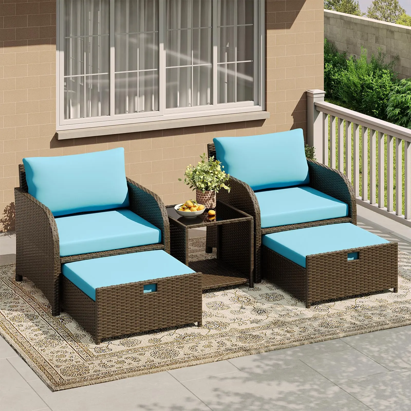 GARVEE Patio Furniture Set, 5-Piece PE Rattan Wicker Outdoor Seating Set with Ottomans and Glass Tabletop, All-Weather Conversation Furniture for Garden Balcony