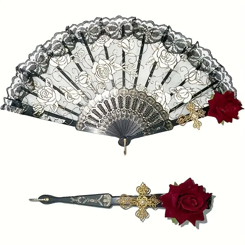 Vintage Spanish Rose Lace Folding Fan, Wooden Handheld Accessory for Women, Compact Personal Decor for Weddings, Parties & Womens Gifts, Floral, Party, Decorative, Portable, Synthetic, Unisex, Traditional