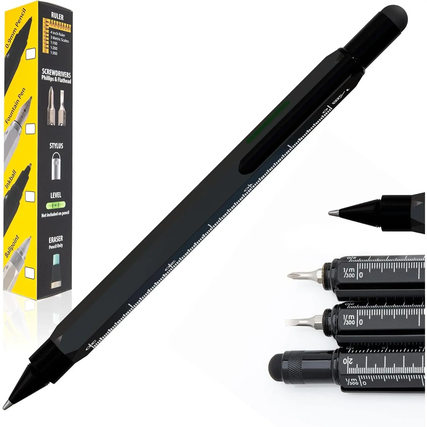 9-in-1 Tool Ballpoint Pen in Black – Multifunctional Pen with Stylus, Screwdrivers, Level, and Ruler –  Collection,   for Professionals