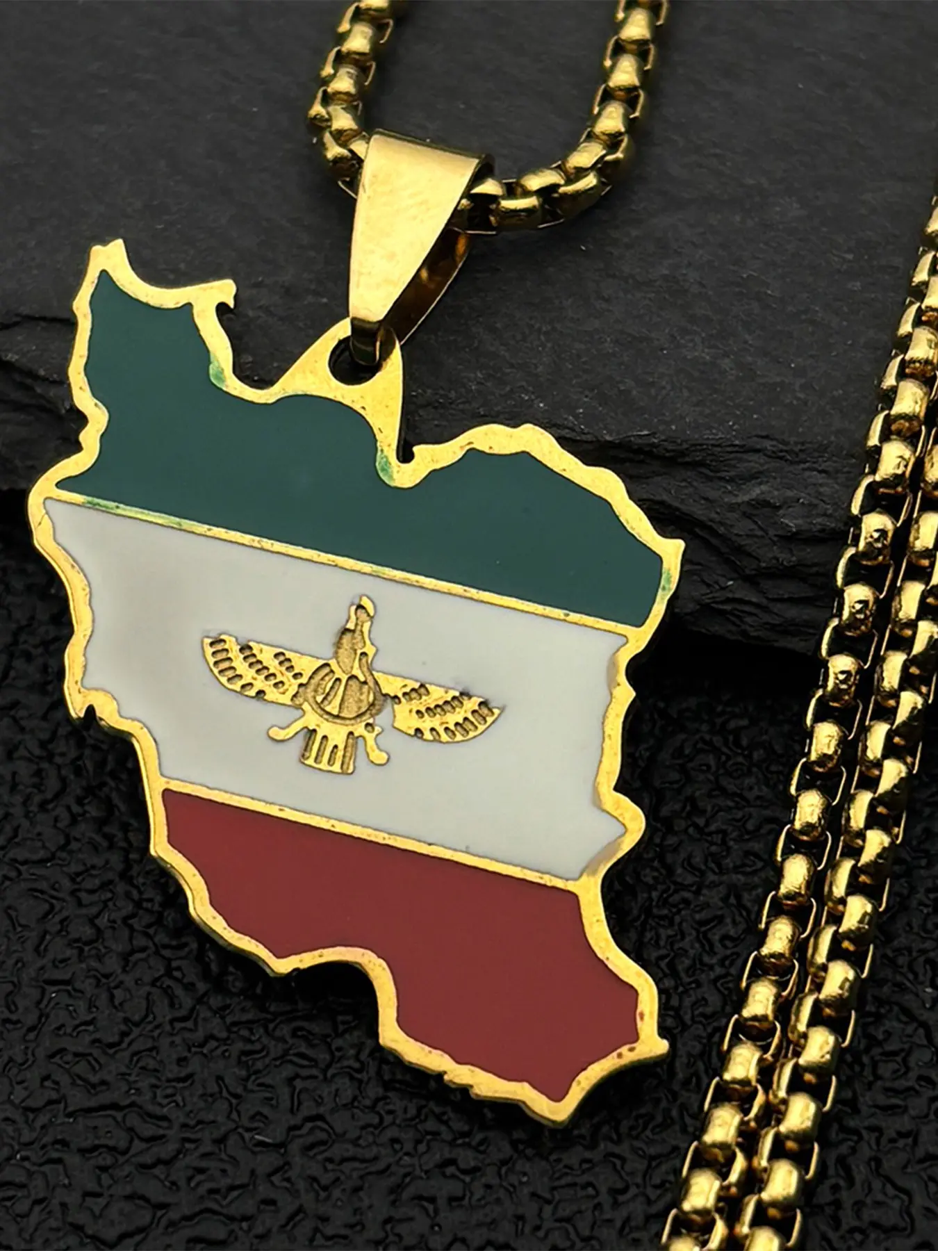 Iran Map National Flag Emblem Pendant Costume Jewelry Necklace for Women Men Stainless Steel Gold Silver Color Enamel Iranian Chain Gift