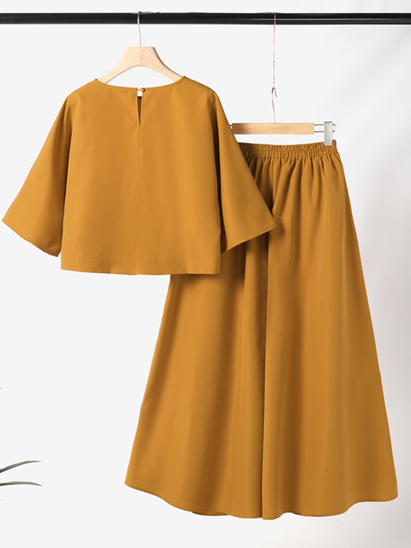 Women's Top & Wide Leg Pants Two-piece Set, Casual Fashion Minimalist Cozy Three Quarter Length Sleeve Top & Trousers for Daily Outdoor Wear, Ladies Clothes for All Seasons, Womenswear