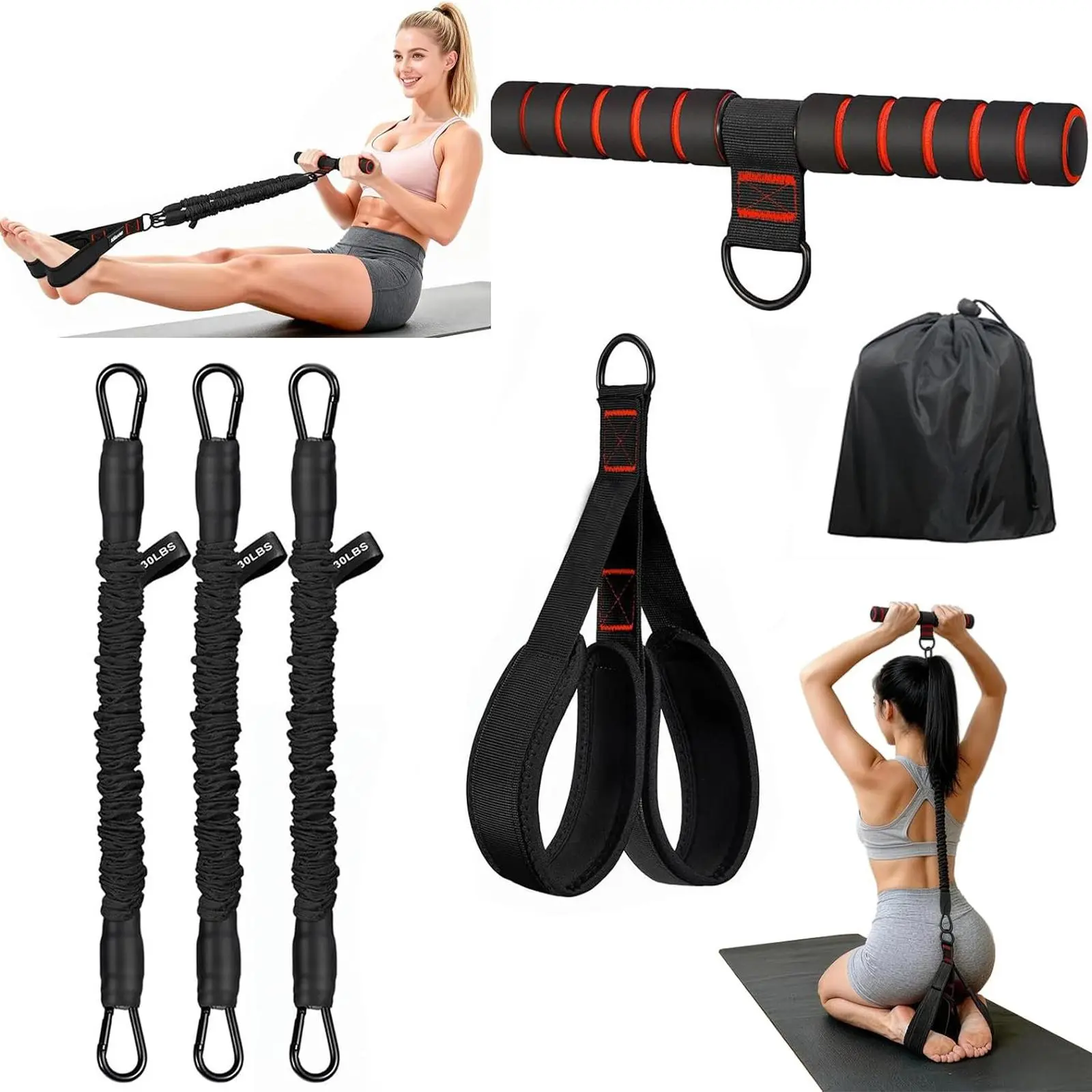 Resistance Band Set, 1 Set Barbell Pad & Resistance Band & Ankle Strap & Weight Lifting Strap & Carry Bag, Barbell Pad Set for Squat, Hip Thrusts, Lunges, Weight Bands Set, Workout Straps, Fitness Accessories, Workout Equipment, Working Out Equipment