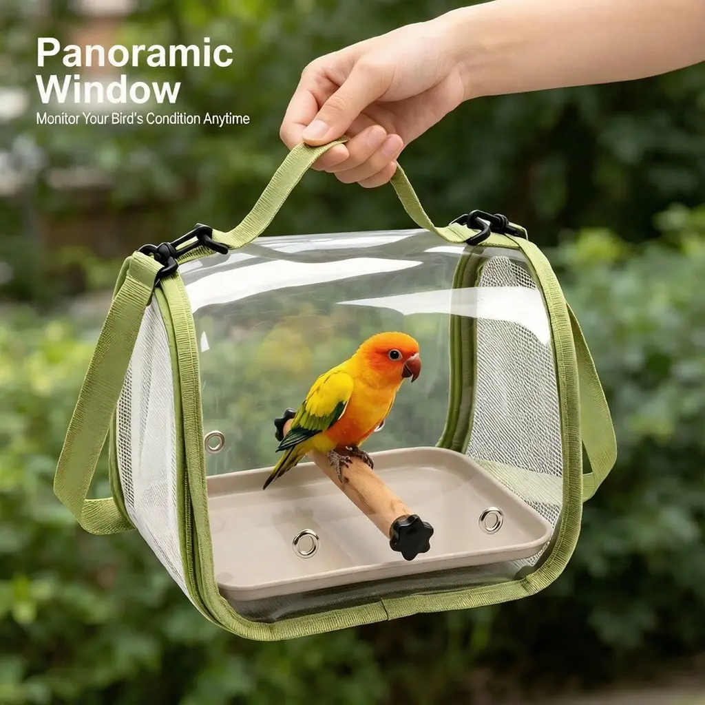 Pet Parrot Bag, Transparent Breathable Panoramic Window Outdoor Bird Backpack, Portable Crossbody Bird Carrier, Includes Tray and Food Cup
