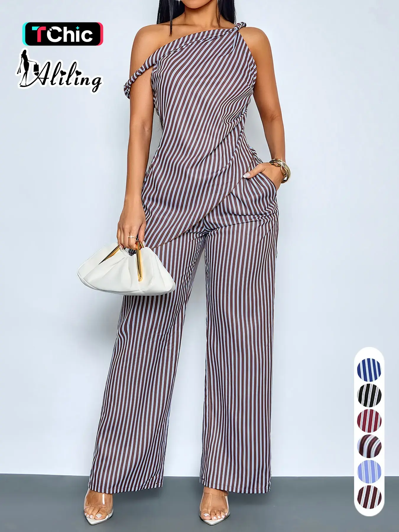 Women's Casual Two Piece Woven Pants Set Summer Short Sleeve Top and High Waist Trousers