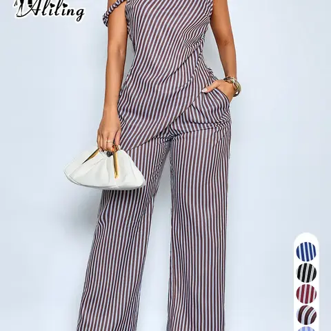 Women's Casual Two Piece Woven Pants Set Summer Short Sleeve Asymmetrical Top and High Waist Trousers