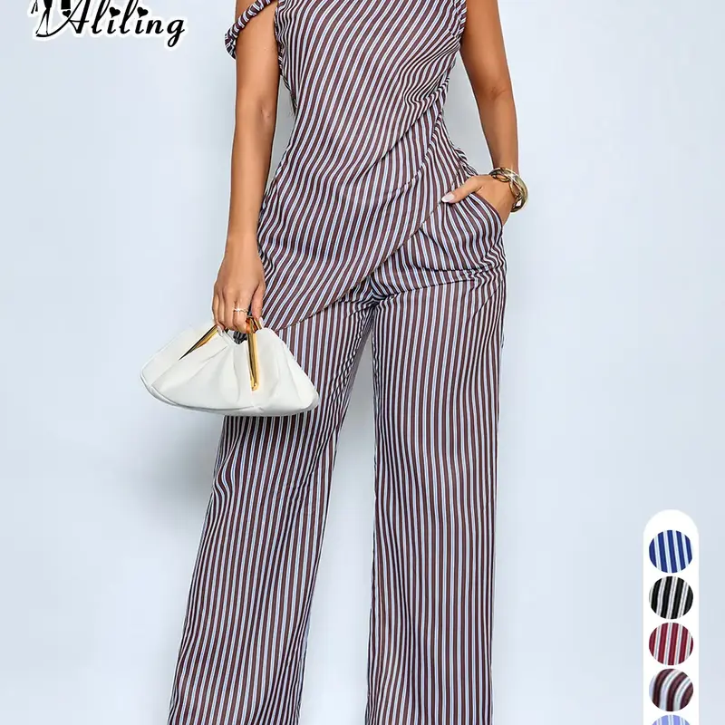 Women's Casual Two Piece Woven Pants Set Summer Short Sleeve Asymmetrical Top and High Waist Trousers