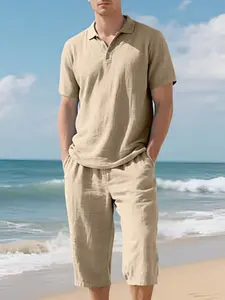 Men's Linen Short Sleeve Polo & Capri Pants Set, Breathable Loose-Fit Collared 2-Piece Outfit for Summer, Solid Light Mature Casual Suit for Beach Vacation, Versatile Menswear for Commute & Travel, 7 Colors Available, Multiple Sizes In Stock