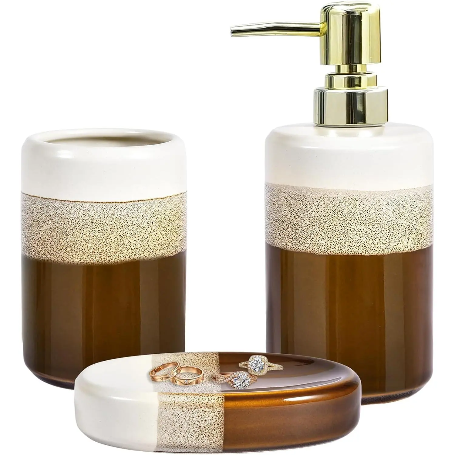 Bathroom Accessories Set of 3,  Reactive  Ceramic Bathroom Sets Complete- Holders, Soap Dispenser, Soap Dish, Luxury Bathroom Decor, Bathroom Countertop Organizer, Brown