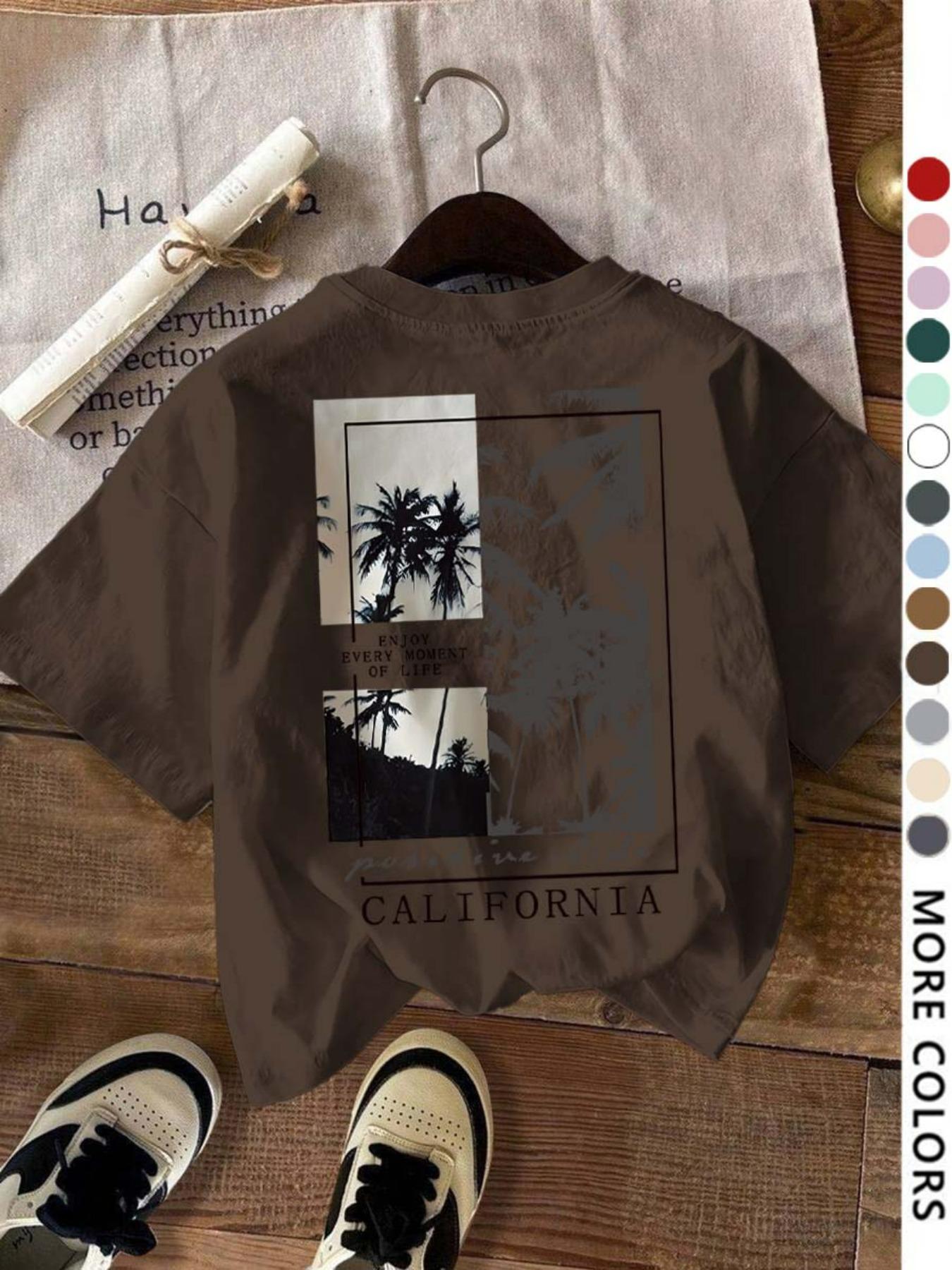 Women's Letter & Tree Print Round Neck Tee, Fashion Casual Short Sleeve T-shirt for Daily Wear, Ladies Summer Clothes