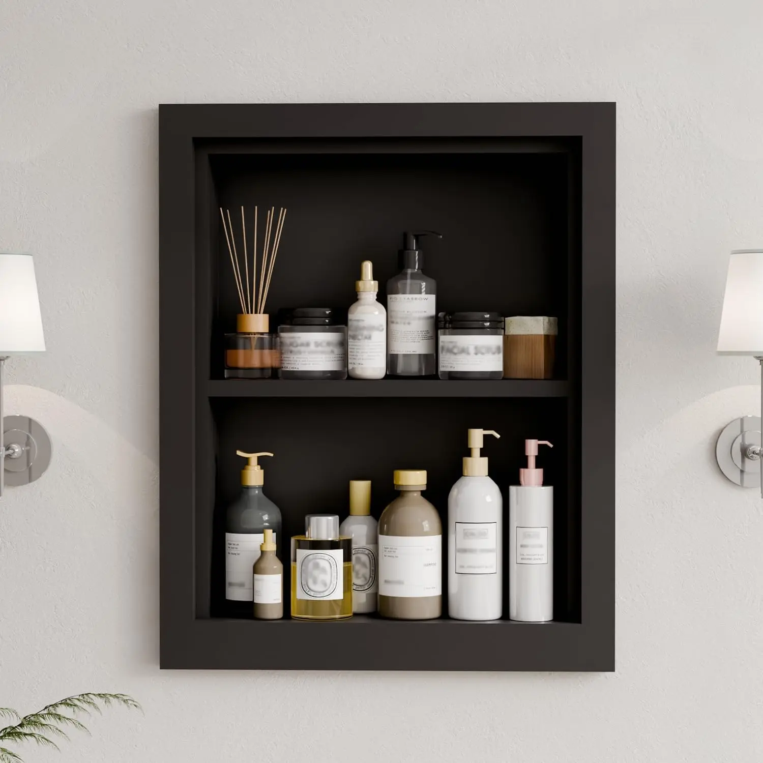 Solid  14 X 18 Recessed  Cabinet,2-Tier,  Cabinet Organizer,Wall Niche, Bathroom Wall Cabinet Black