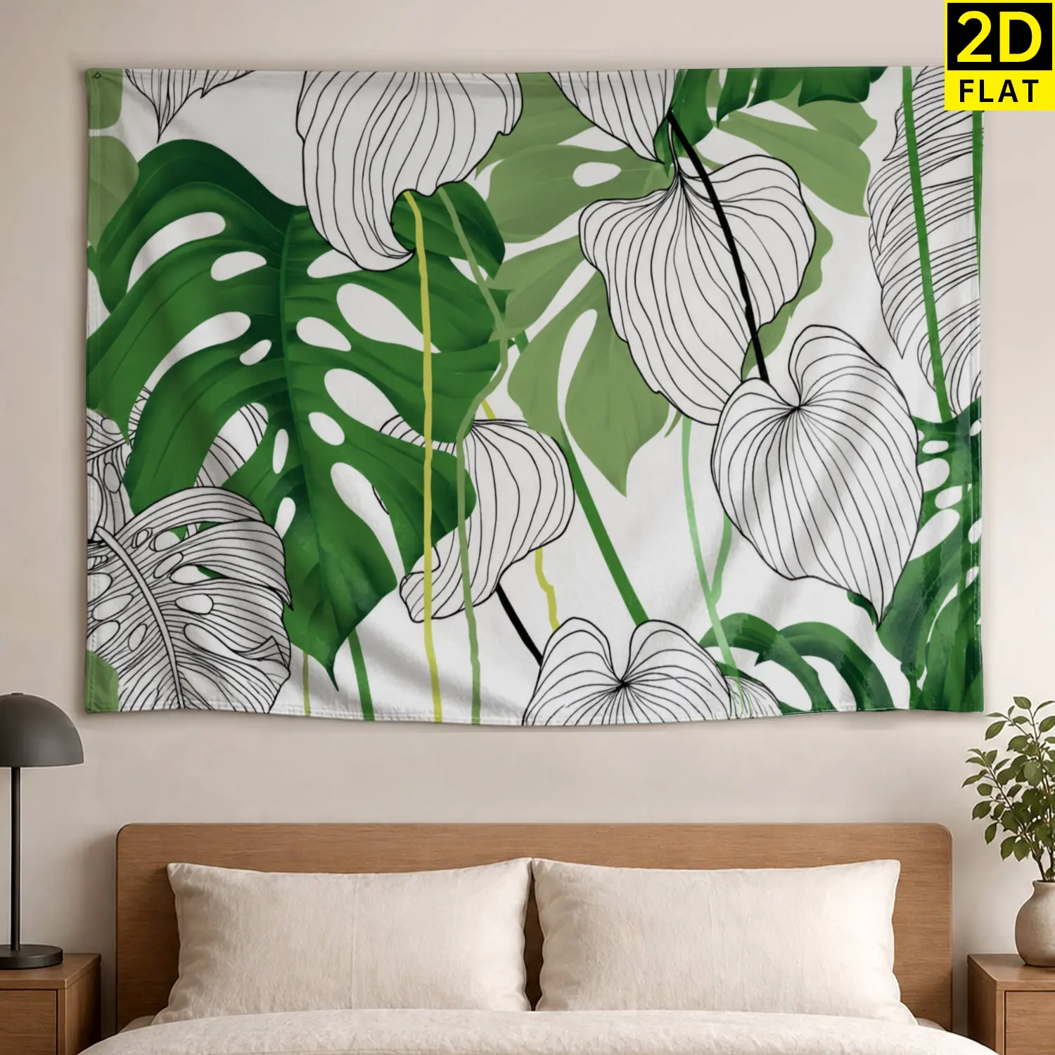 Botanical Tropical Monstera Leaf Line Art Large Printed Horizontal Polyester Wall Tapestry - No Installation Required Hippie Chic Decor, Indoor/Outdoor Wall Decor for Living Room, Room Decorations Gift, Decoration, Whimsical Home Decor