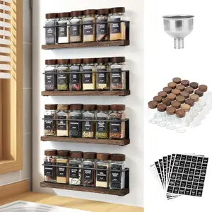 Wooden Lid Magnetic Spice Rack with 24 Jars, 216 Labels, 1 Steel Funnel for Refrigerator,Microwave Oven - Full Set of Spice Organizer