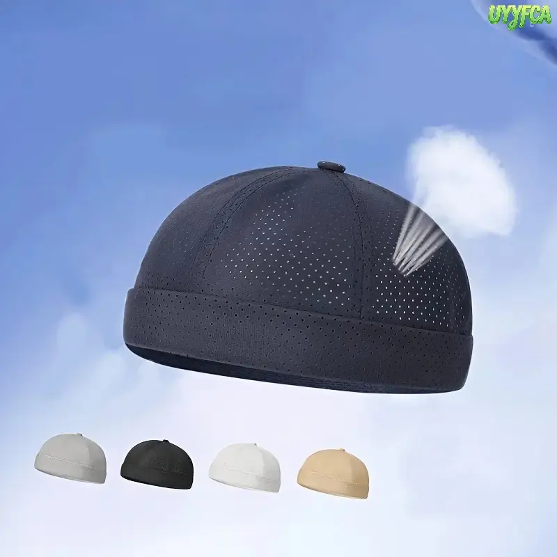 Male 2-Pack Perforated Mesh Roll Cuff Docker Cap - Brimless Adjustable Back Strap Beanie, Ultra Lightweight Quick-Dry Breathable Full Ventilated Outdoor Headwear, Flexible Head Circumference, Ideal For Summer Cycling Fishing, One Size