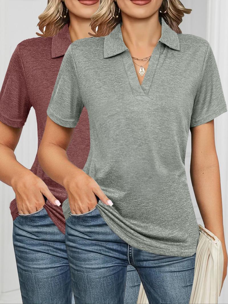 Women's Solid Color Polo Shirt, Casual Short Sleeve Collared Top for Daily Wear, Ladies Clothes for All Seasons, Cute Tops