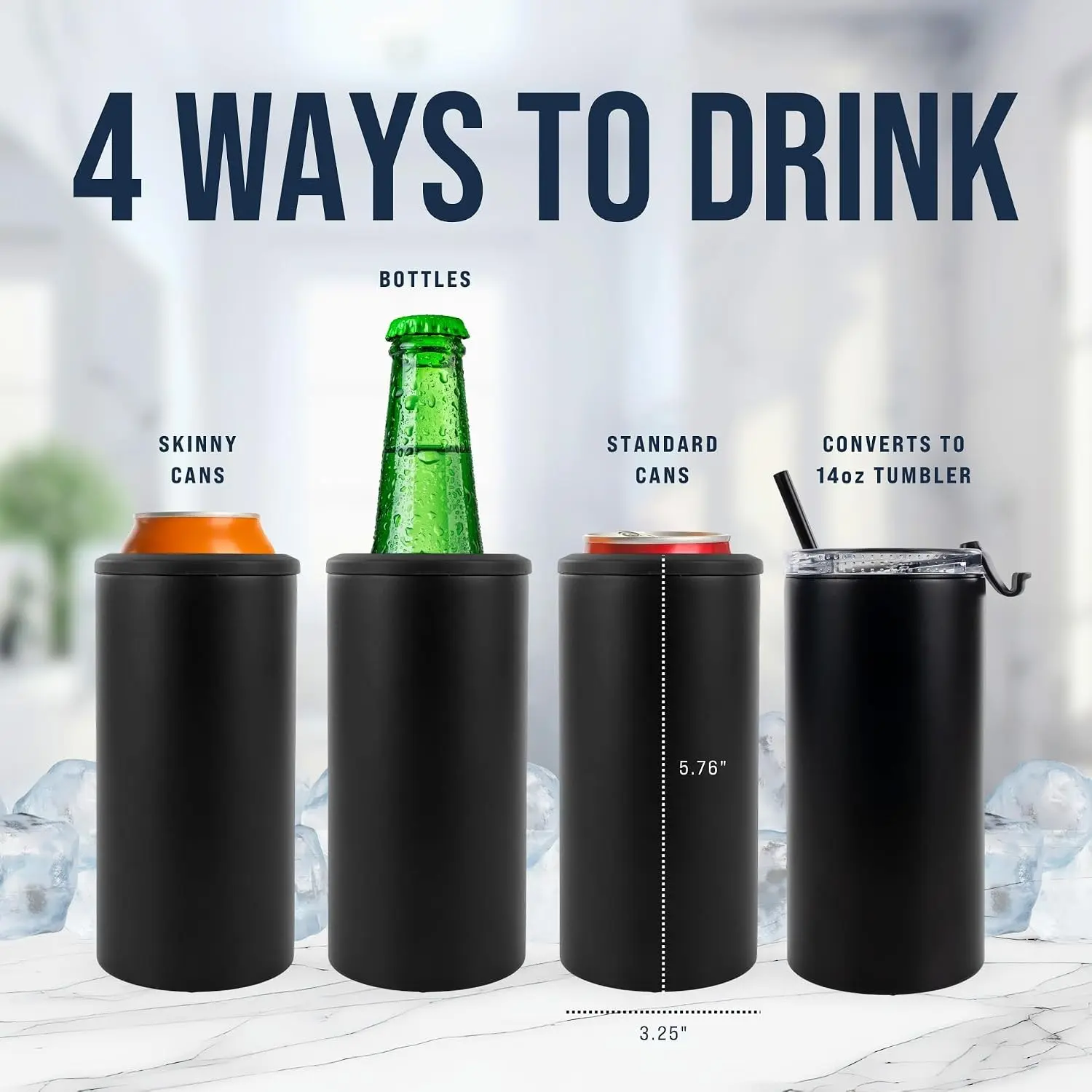 4 in 1 Universal Can Cooler - Black, Can Holder Insulated, Beer Bottle Cooler, Universal Holder for All Drink Sizes, Stainless Steel Insulated Tumbler, Tailgating Accessories